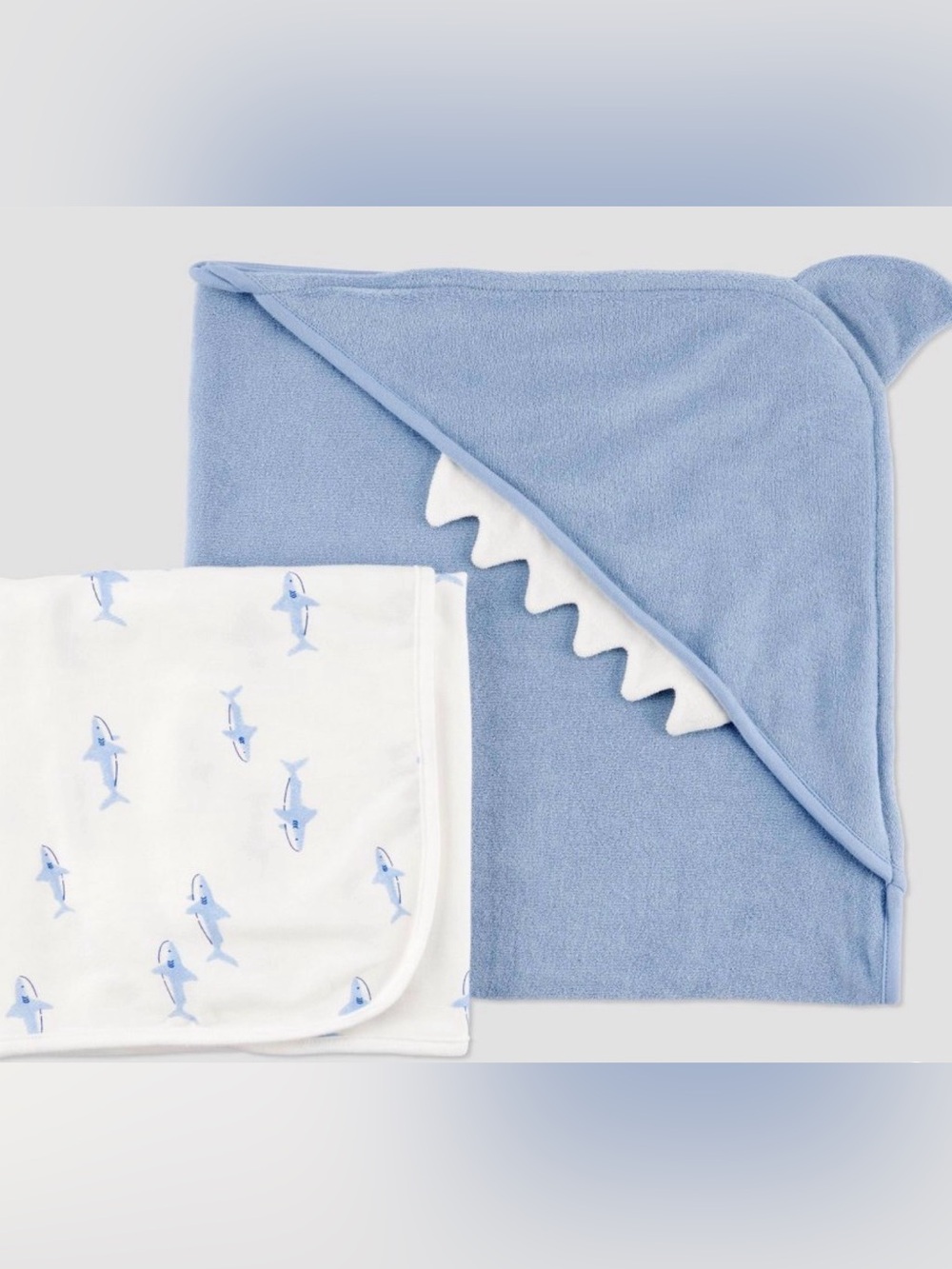 Carter's Blue Hooded Baby Towel and White Blanket Set - NWT